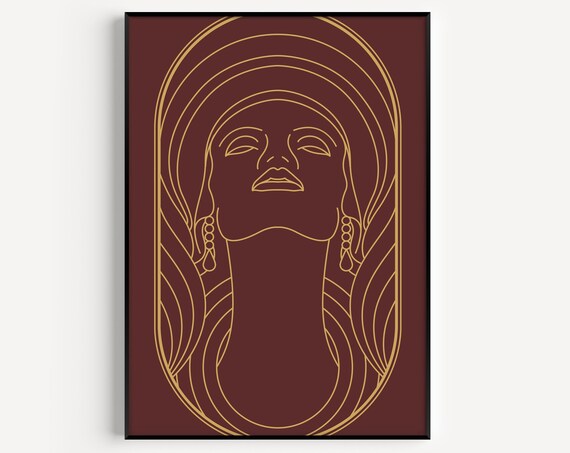 Art Deco Woman Gold Line Portrait Burgundy Elegant Decorative Print