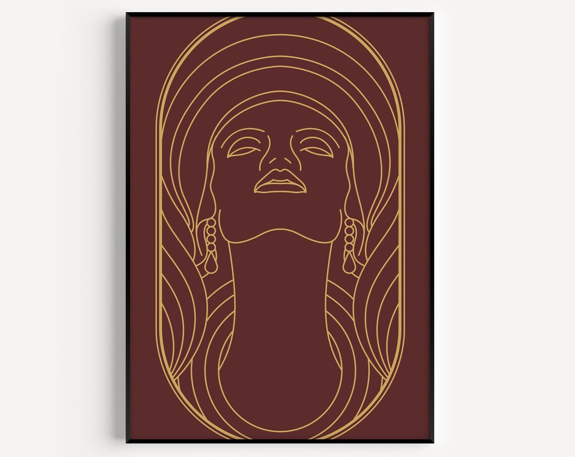 Art Deco Woman Gold Line Portrait Burgundy Elegant Decorative Print