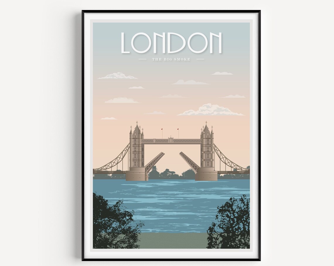 London The Big Smoke Tower Bridge Raised Bascules Pastel Travel Poster