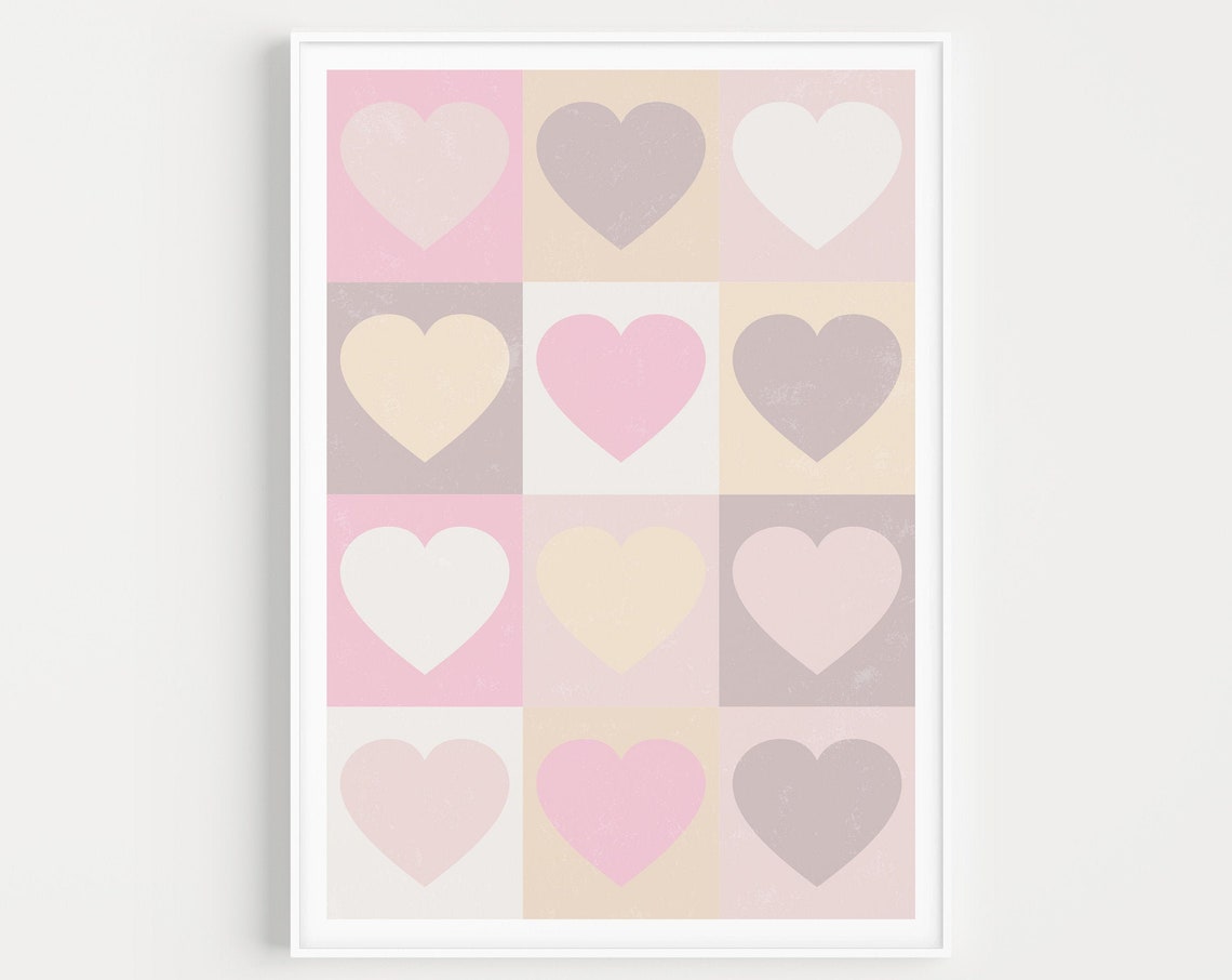 Pastel Hearts Grid Minimalist Pink Cream Nursery Wall Art Decor
