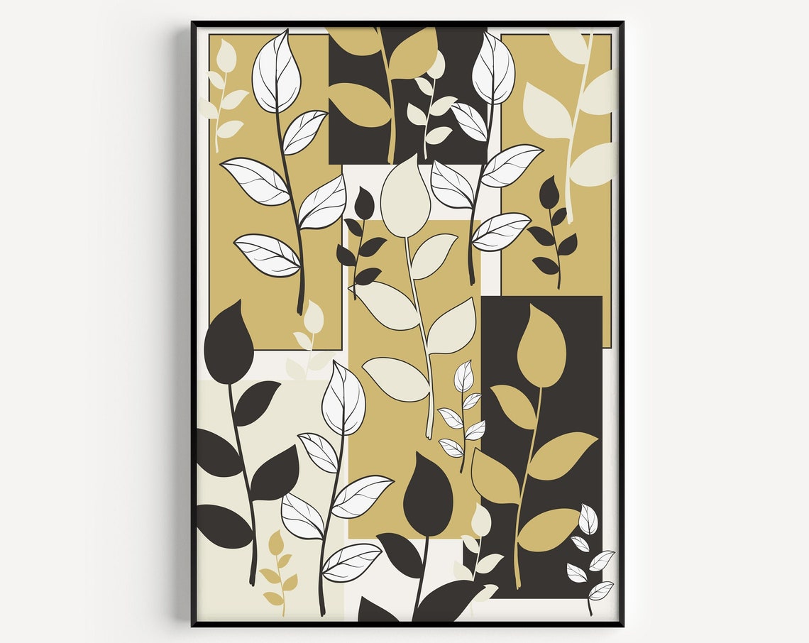 Gold Black White Botanical Leaf Branches Modern Scandinavian Art Print