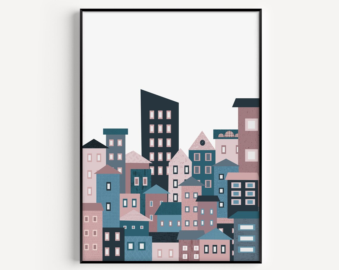 Houses Print, Blue Minimalist Modern Art Print