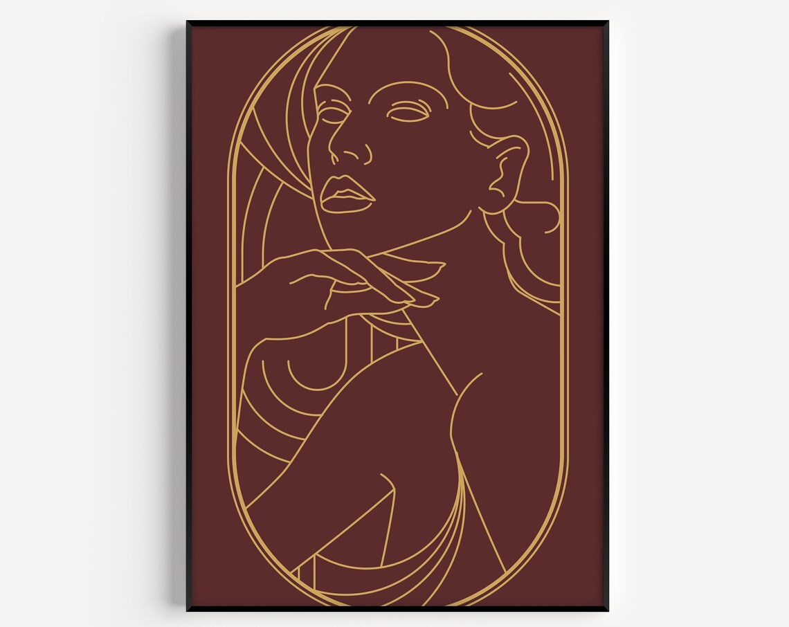 Art Deco Woman Portrait Poster Gold Line Art Red Background Elegant