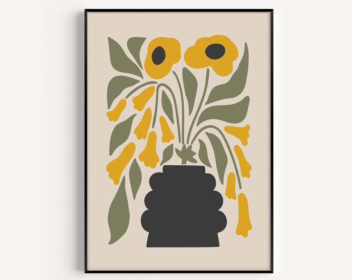 Flower Print Yellow Minimalist Art Vase Wall Floral Green