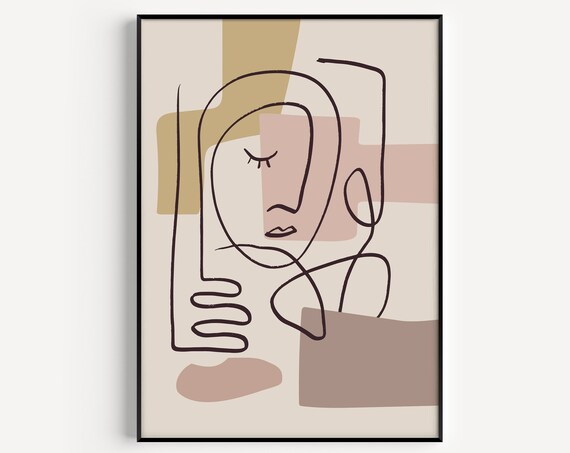 Abstract Line Drawing Face Neutral Beige Minimalist Art Print