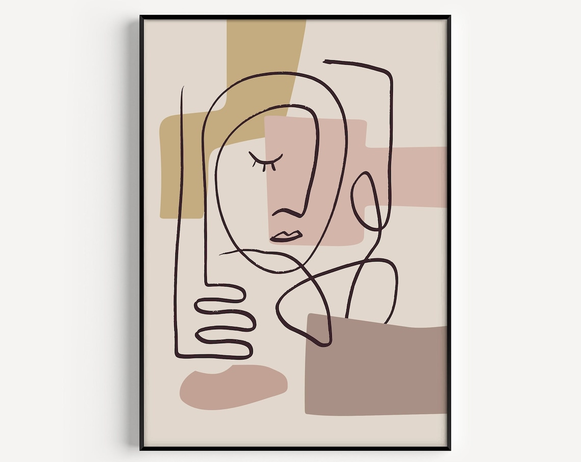 Abstract Line Drawing Face Neutral Beige Minimalist Art Print