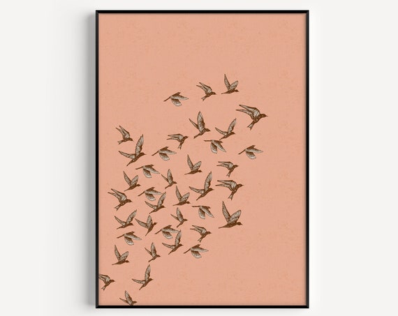 Orange Bird Wall Art Print, Minimalist Flock