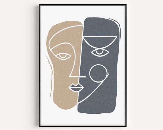 Abstract Beige Blue Faces Line Drawing Modern Minimalist Wall Art