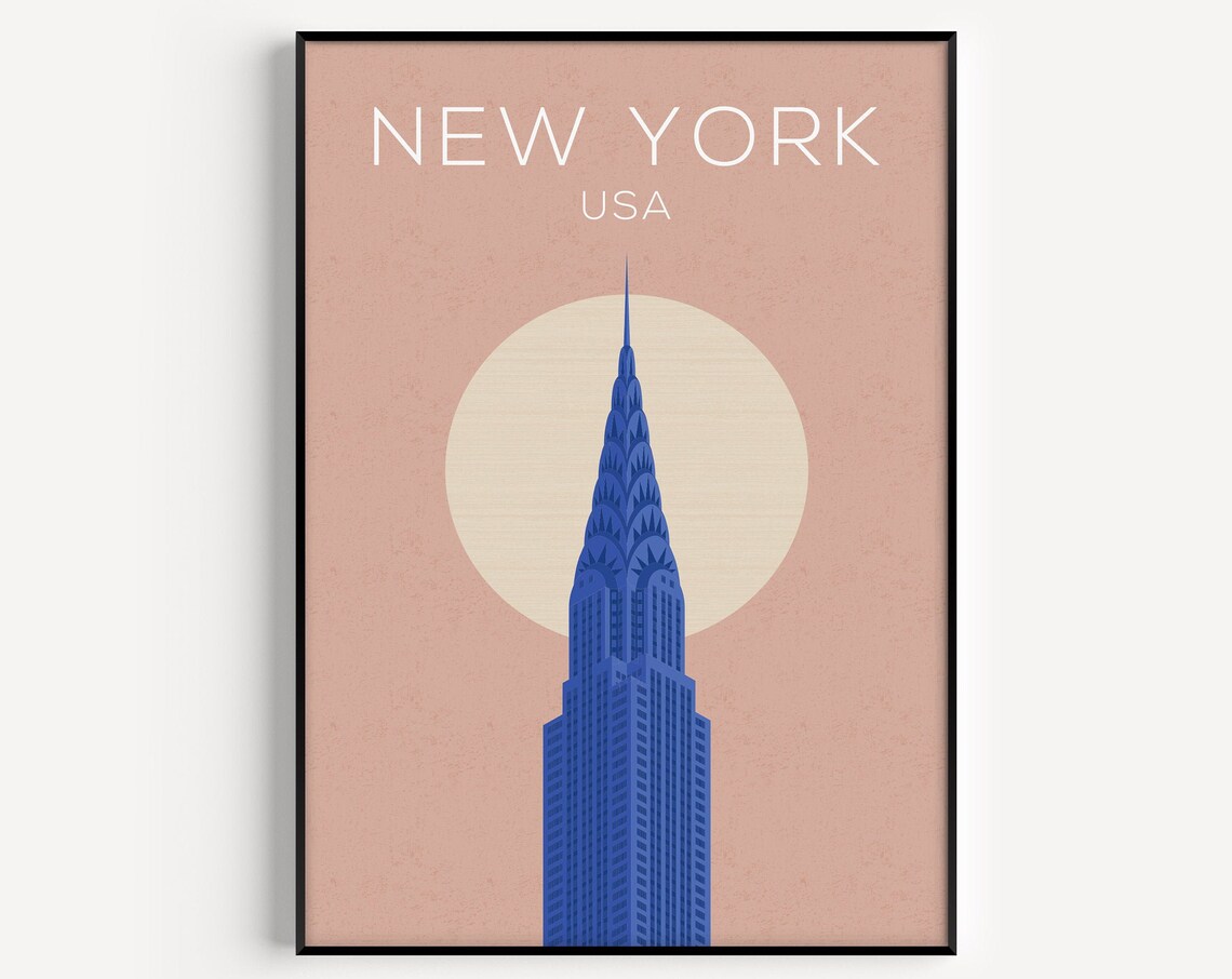New York USA Chrysler Building Minimalist Pink Sun Travel Poster