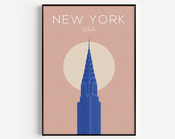 New York USA Chrysler Building Minimalist Pink Sun Travel Poster
