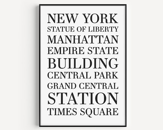 New York City Famous Landmarks Black White Typography Minimalist Poster