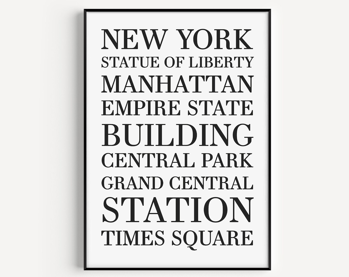 New York City Famous Landmarks Black White Typography Minimalist Poster