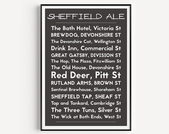 Sheffield Ale Pub Crawl Typography Craft Beer Bar Gift Poster