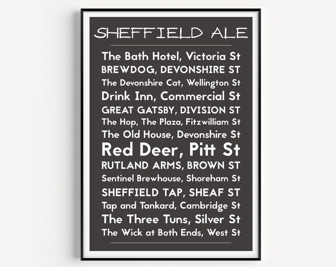 Sheffield Ale Pub Crawl Typography Craft Beer Bar Gift Poster
