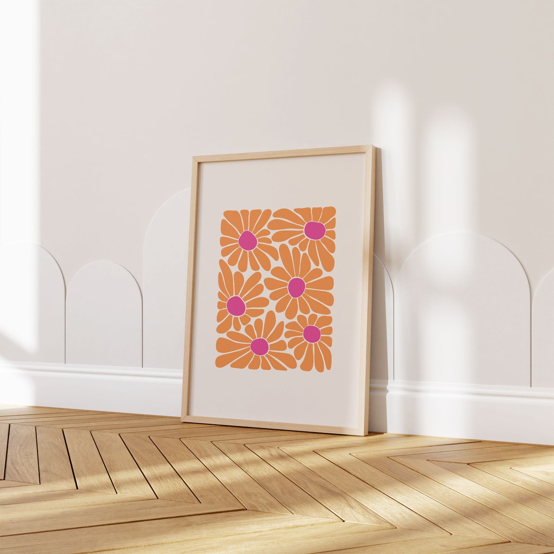 Retro Orange Daisy Grid Pink Centers Groovy 70s Flower Poster - Image 3