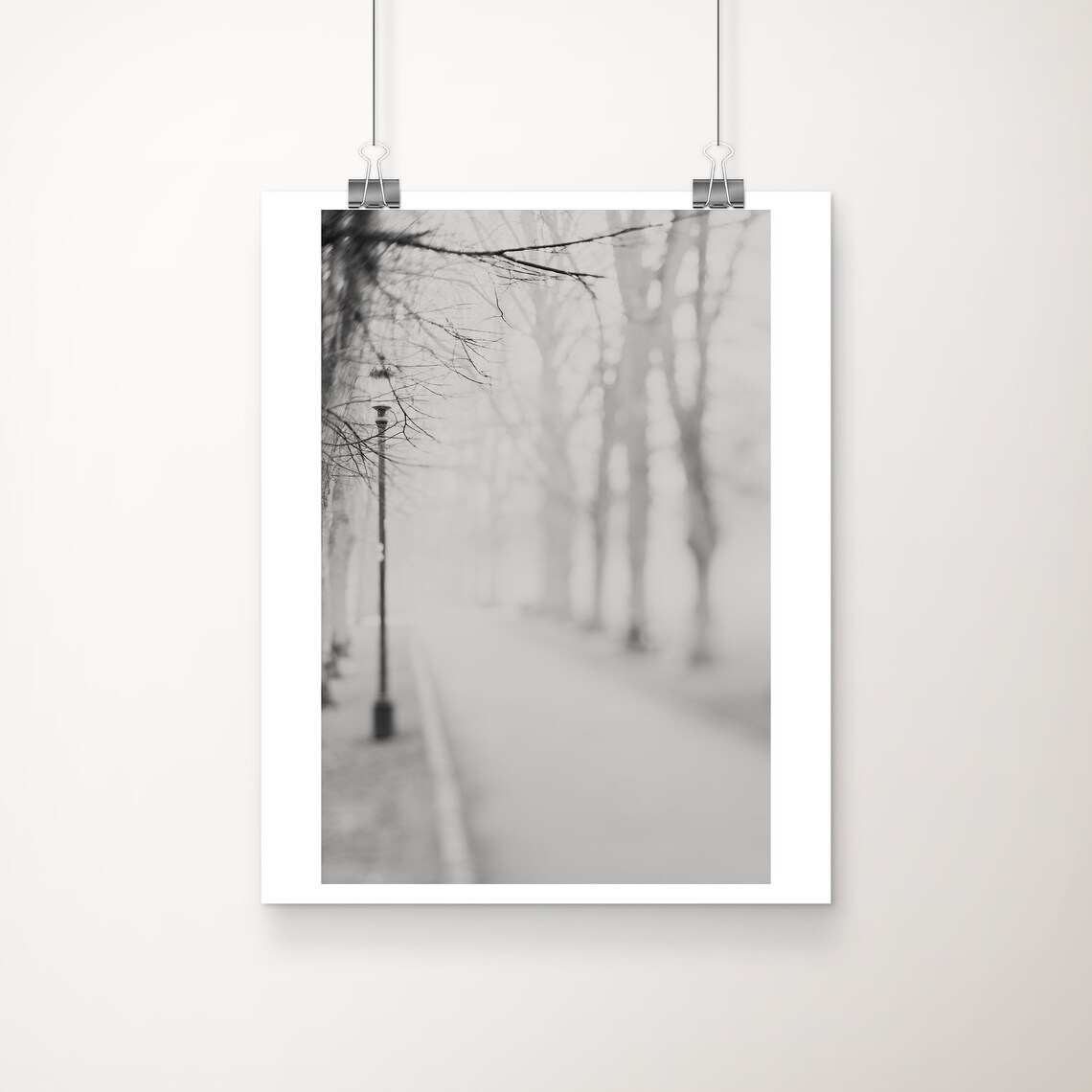 Foggy Park Path With Street Lamp Black And White Photo Poster