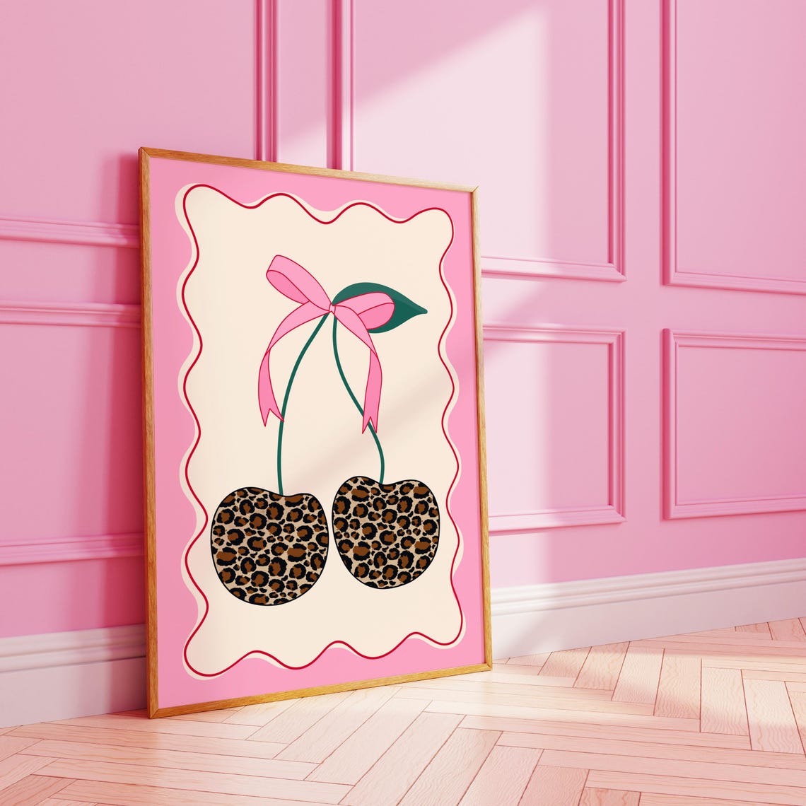Leopard Pattern Cherries Pink Bow Ribbon Playful Trendy Poster
