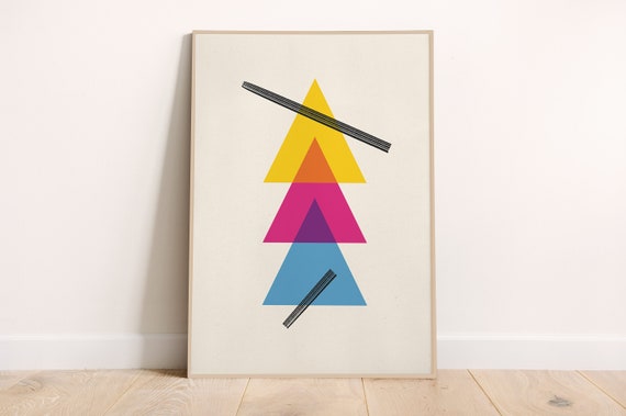 Three Triangles Yellow Magenta Cyan Abstract Art Print Poster Wall Decor Minimalist Colorful Geometric