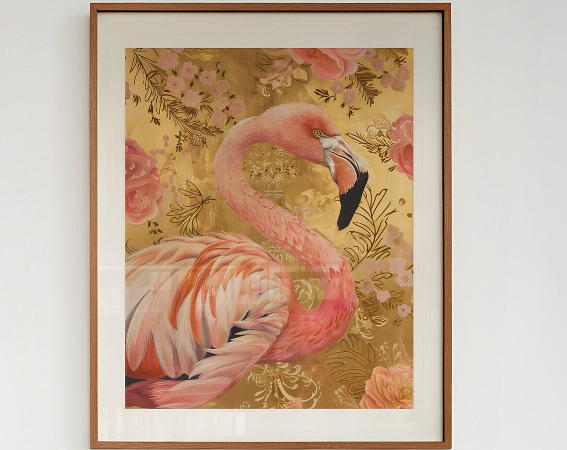 Pink Flamingo Golden Floral Exotic Bird Illustration Style Poster - Image 3