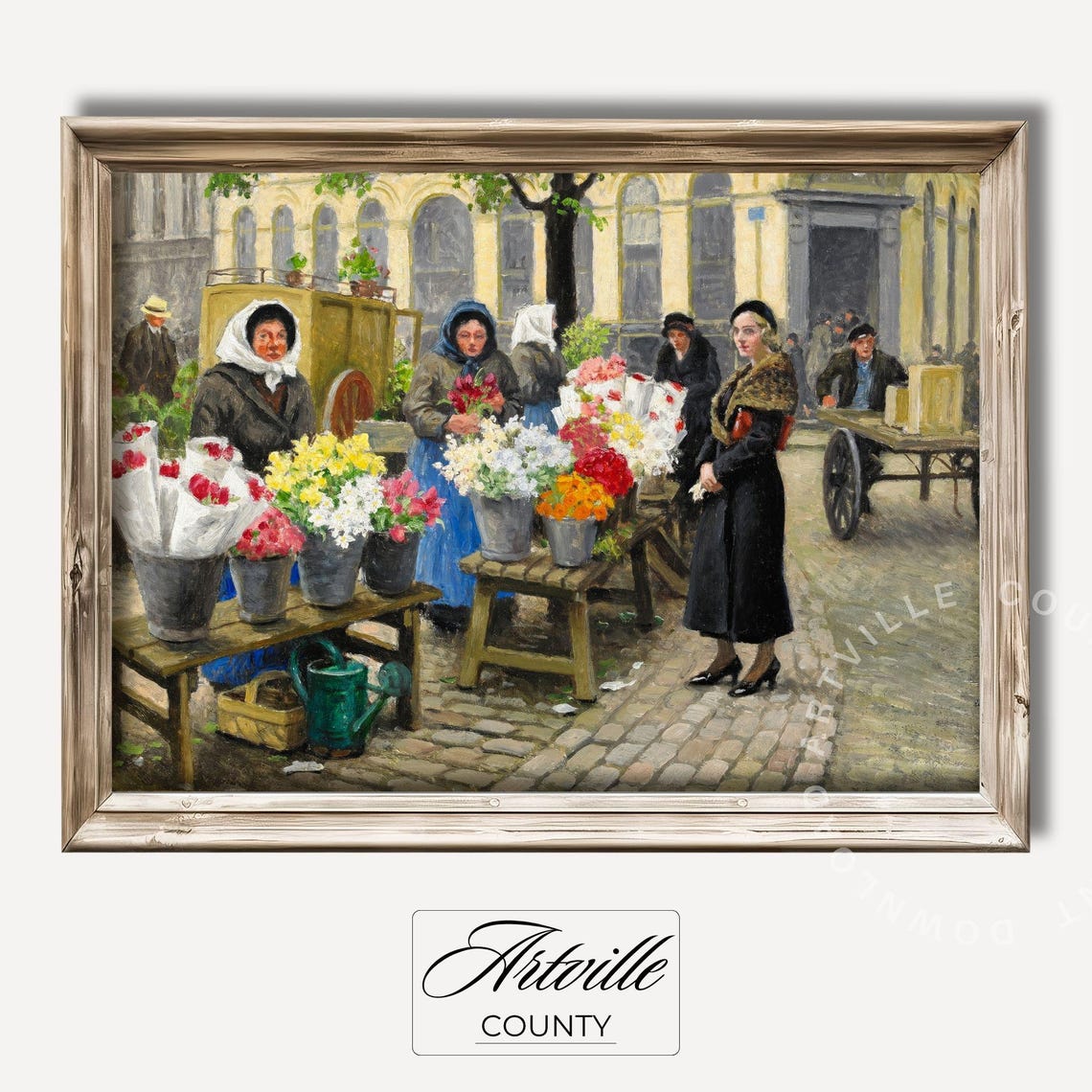 Vintage Flower Market Painting Floral Wall Art Antique City Print Women With Flowers Illustration