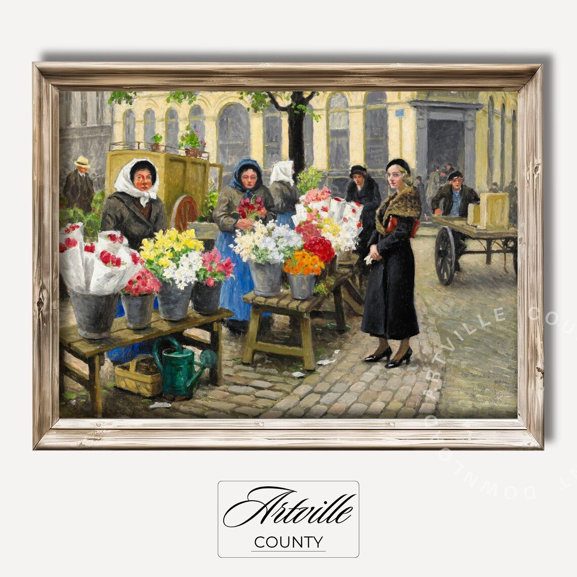 Vintage Paris Flower Market Street Scene Oil Painting Poster