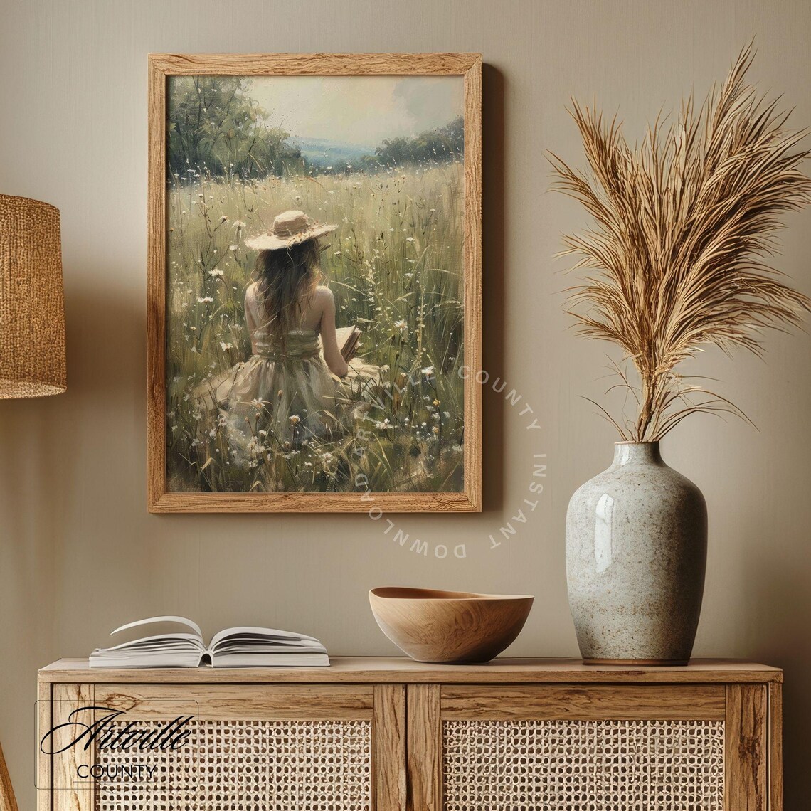 Girl Reading Landscape Painting, Vintage Autumn Field Art - Image 4