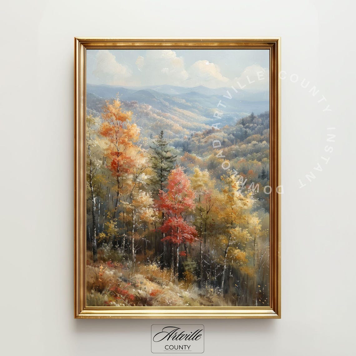 Autumn Mountain Valley Fall Trees Panoramic Landscape Painting Poster
