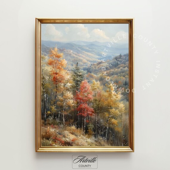 Autumn Mountain Valley Fall Trees Panoramic Landscape Painting Poster
