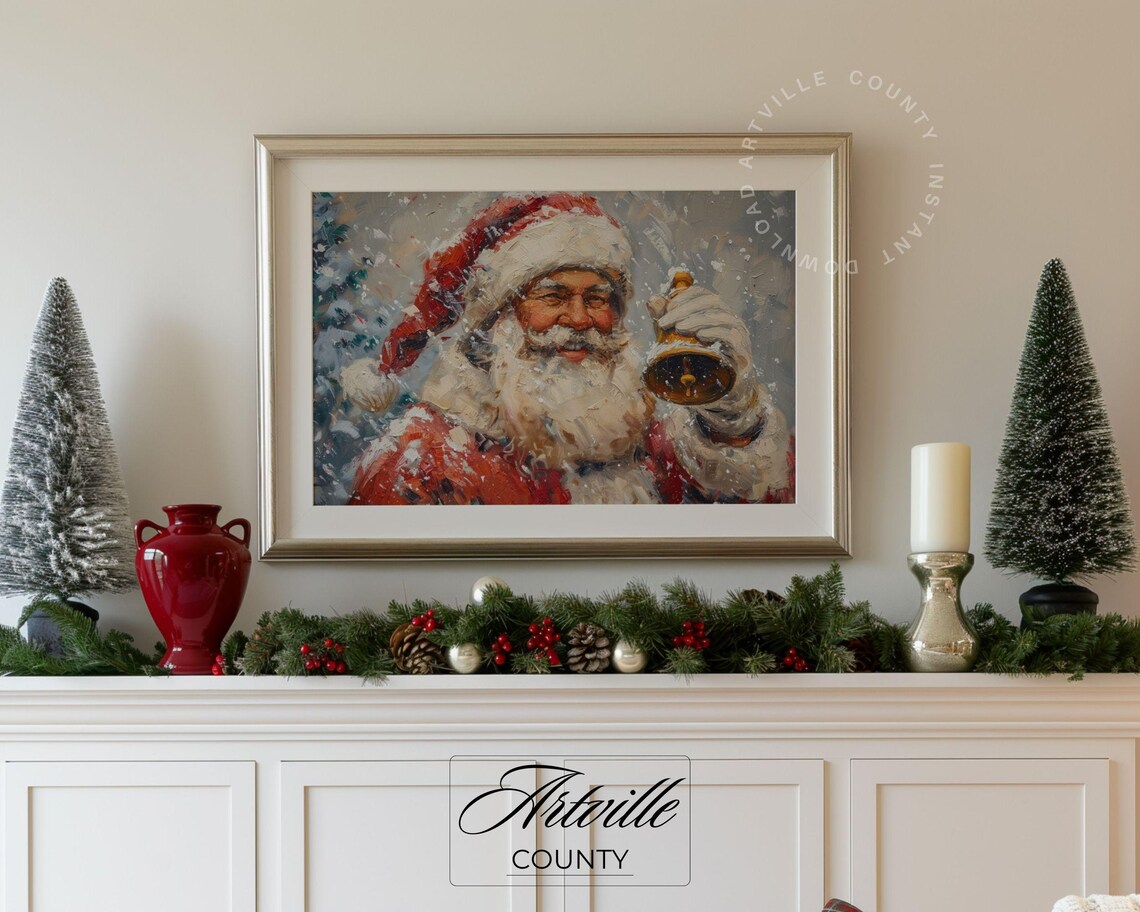 Jolly Santa Claus with Bell Snowfall Vintage Christmas Poster - Image 5