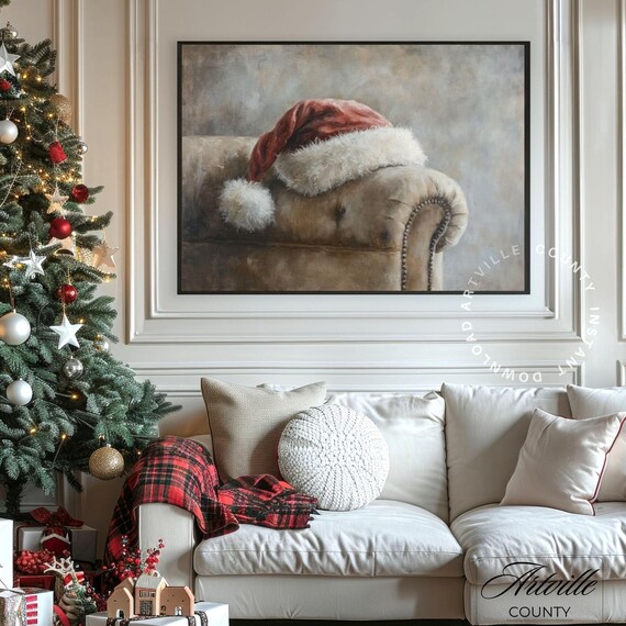 Vintage Santa Hat On Leather Chair Antique Christmas Art Poster