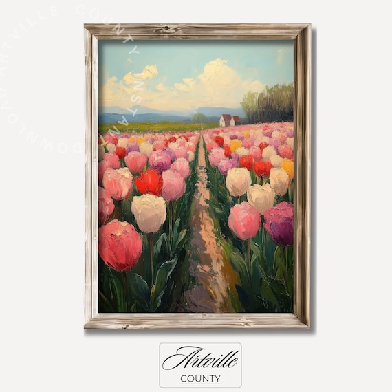 Pink Tulip Field Dutch Countryside Vintage Oil Painting Poster
