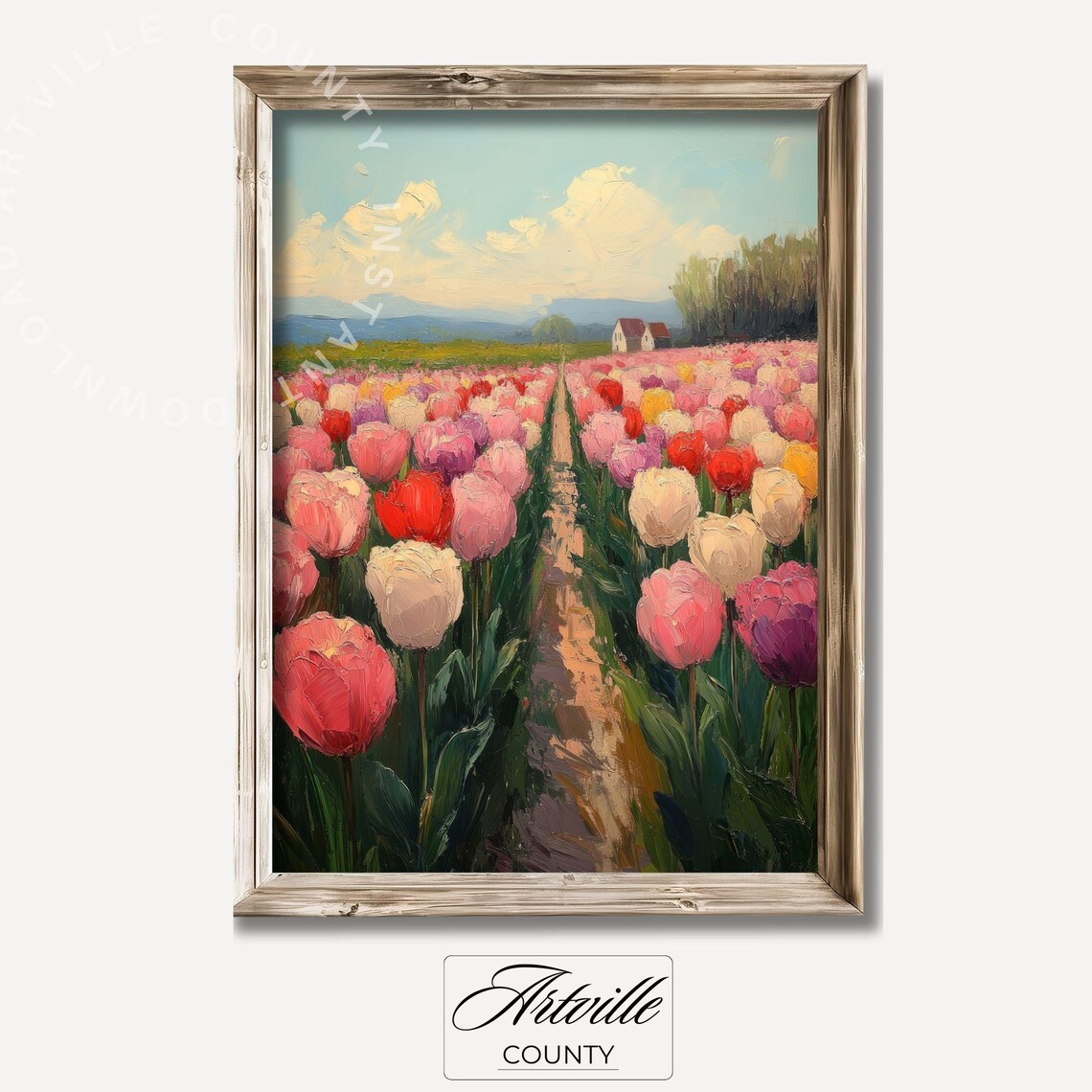 Pink Tulip Field Dutch Countryside Vintage Oil Painting Poster
