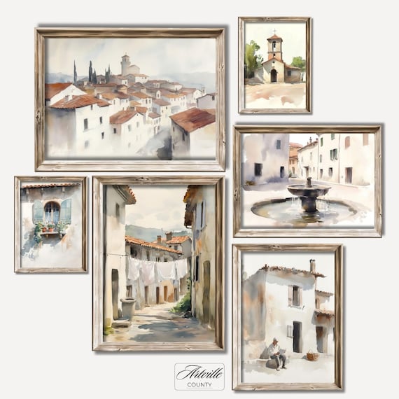 Set of 6 Mediterranean Village Watercolor Wall Art Cottage Gallery Collection