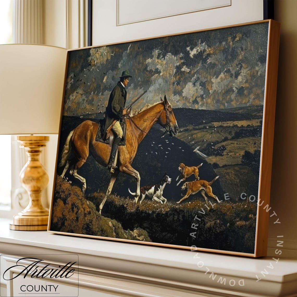 Vintage Hunting Antique Horse Print Equestrian Wall Art Vintage Landscape Oil Painting Hunting Dogs Print - Image 2