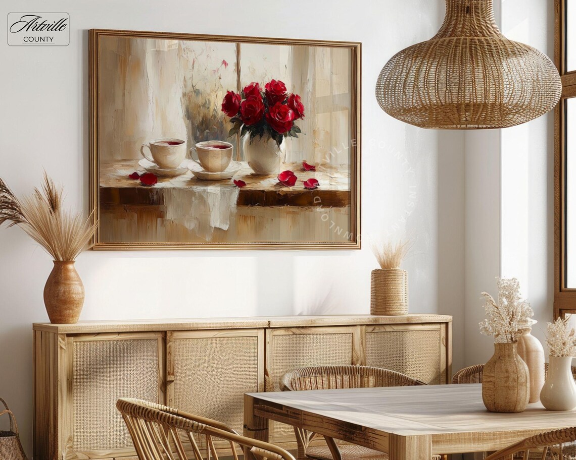 Roses And Teacup Vintage Painting Flower Wall Art Antique Rose Painting Farmhouse Still Life Beige Tone Print - Image 4