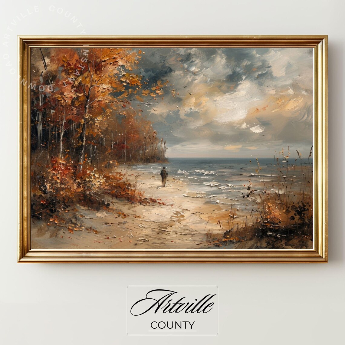 Fall Coastal Landscape Painting Autumn Trees Print Rustic Fall Decor Fall Sea Artwork Moody Coastal Wall Art