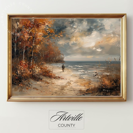 Autumn Beach with Lone Figure Under Stormy Sky Seascape Poster