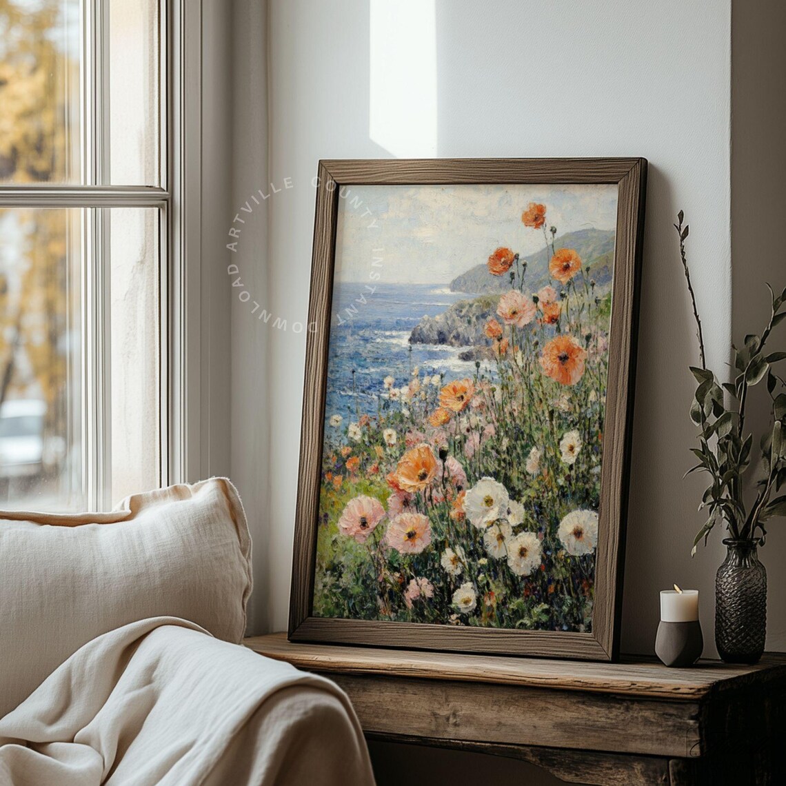 Coastal Flower Landscape, Vintage Spring Decor Art Print