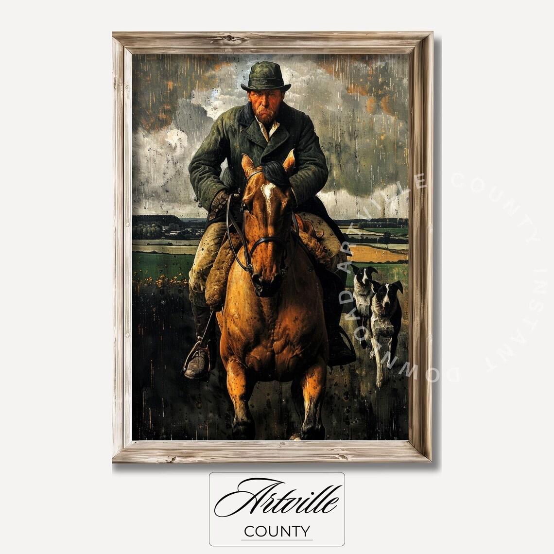 Vintage Horse Rider Hunting Hounds Moody Countryside Oil Poster
