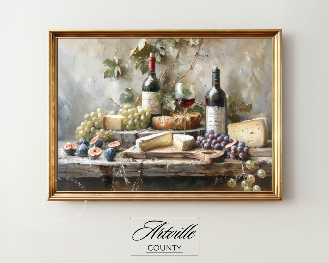 Wine Cheese Painting, Vintage Farmhouse Wall Art - Image 4