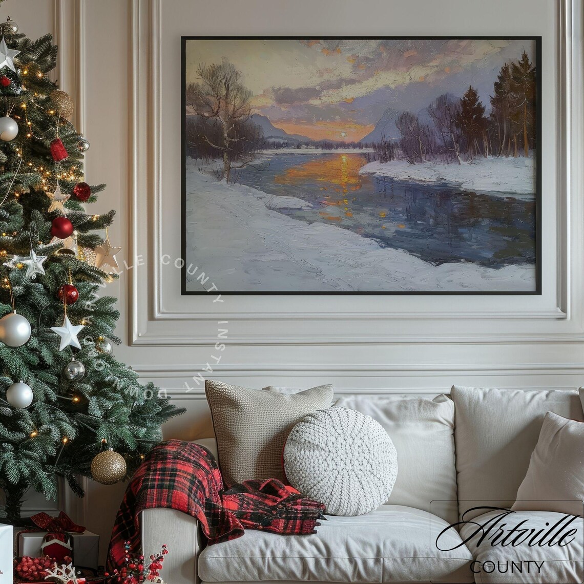 Winter Sunset Over Frozen River with Snowy Banks Landscape Poster - Image 4