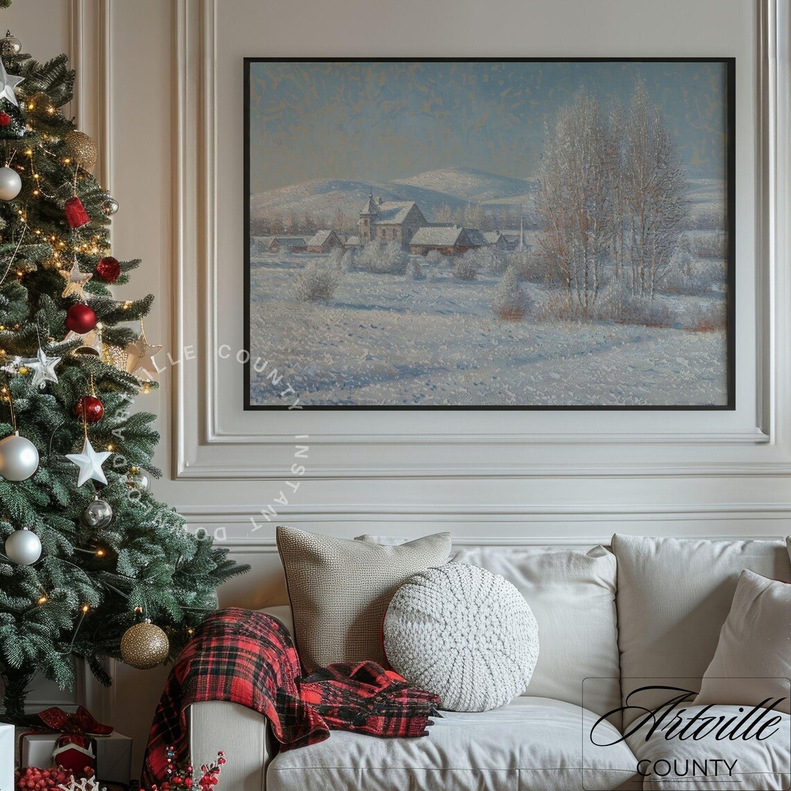 Snow Covered Village Church in Frosted Winter Landscape Poster - Image 4