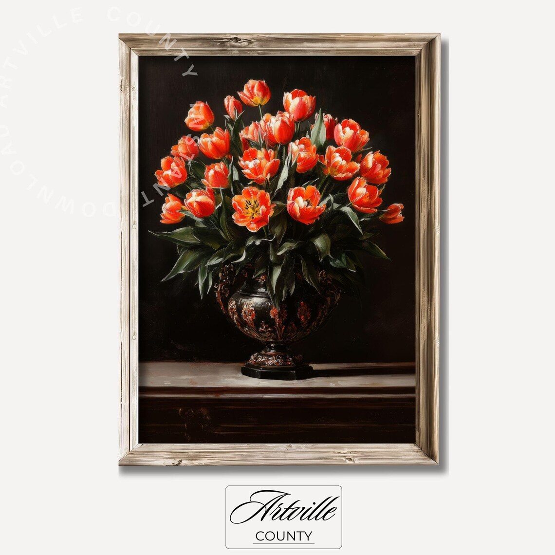 Moody Vintage Tulips Art Print, Farmhouse Spring Decor
