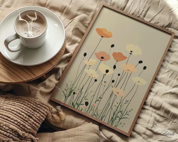 Minimalist Poppy Flowers Beige Botanical Spring Art Wall Poster