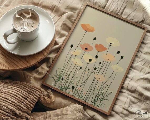 Poppy Flower Wall Art Minimalist Botanical Print Soft Neutral Home Decor Modern Beige Floral Poster