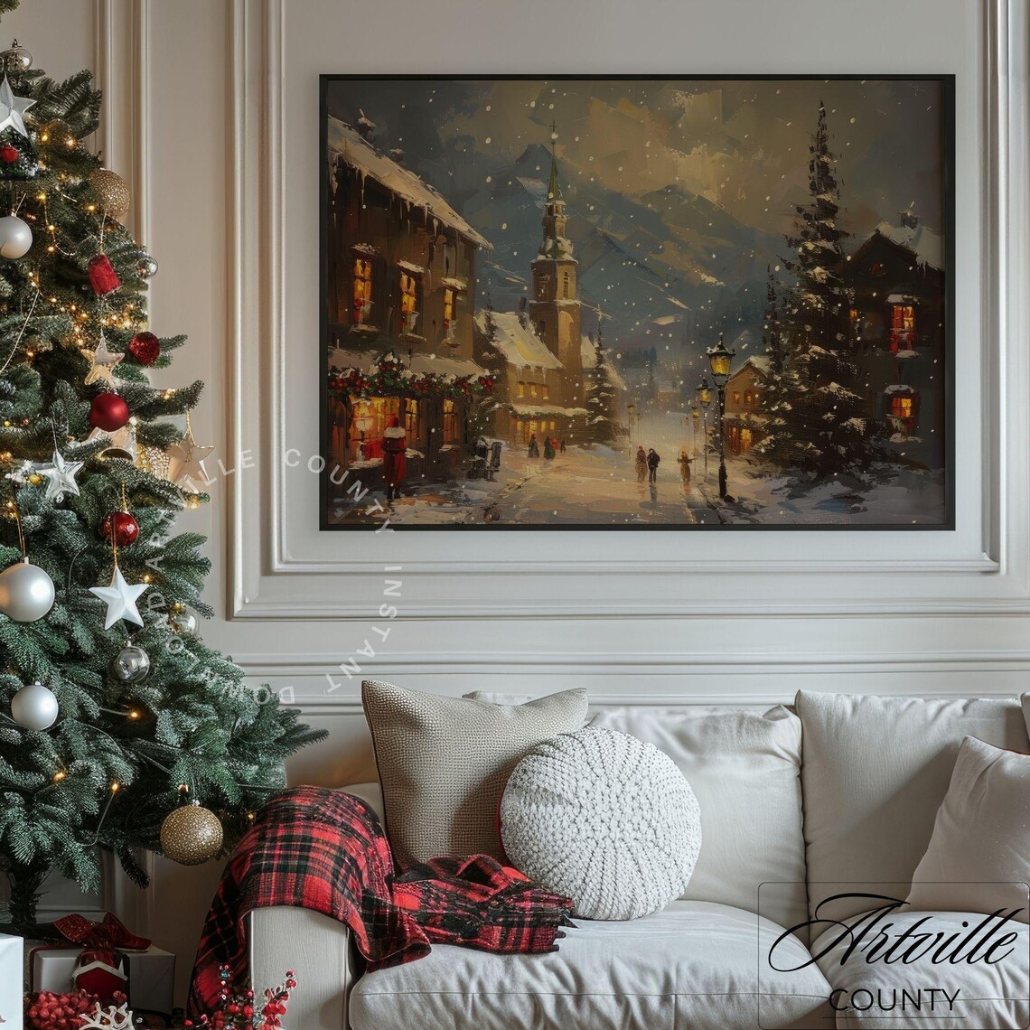 Snowy European Village Christmas Night Glowing Street Poster - Image 3