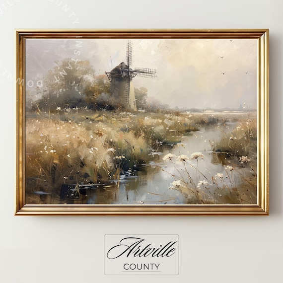 Vintage Dutch Windmill Landscape Painting Neutral Tone Countryside Canal Wall Art
