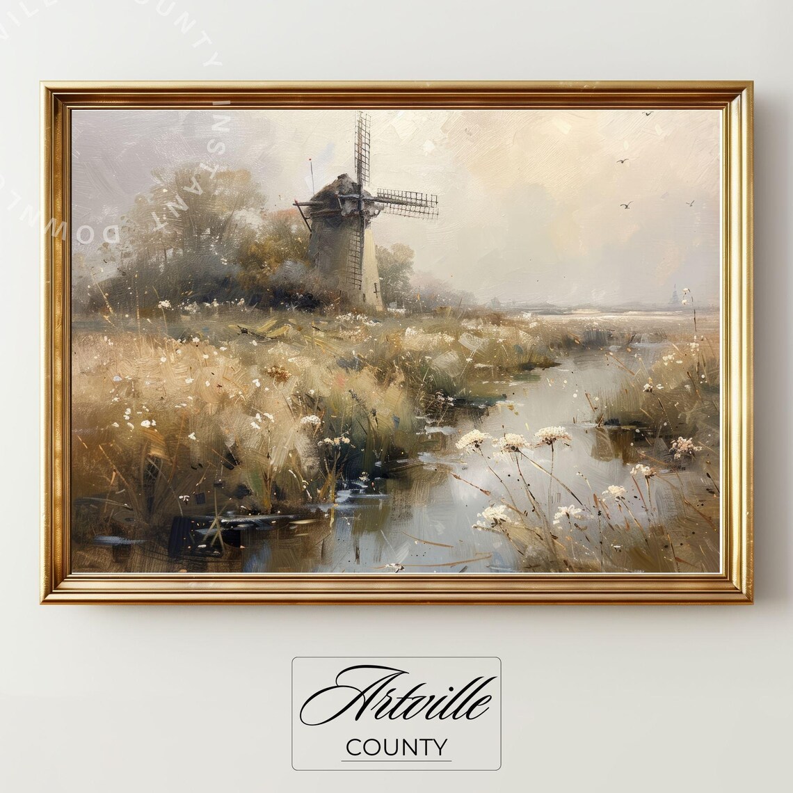 Vintage Dutch Windmill Landscape Painting Neutral Tone Countryside Canal Wall Art