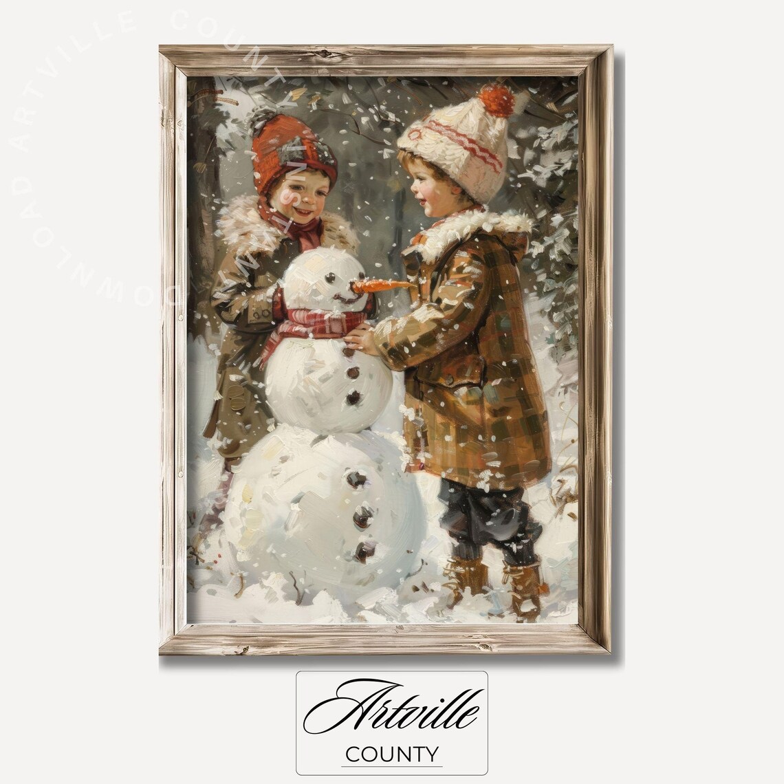 Kids Building Snowman Print, Vintage Christmas Art
