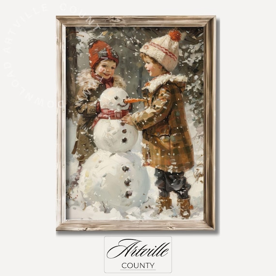 Kids Building Snowman Print, Vintage Christmas Art